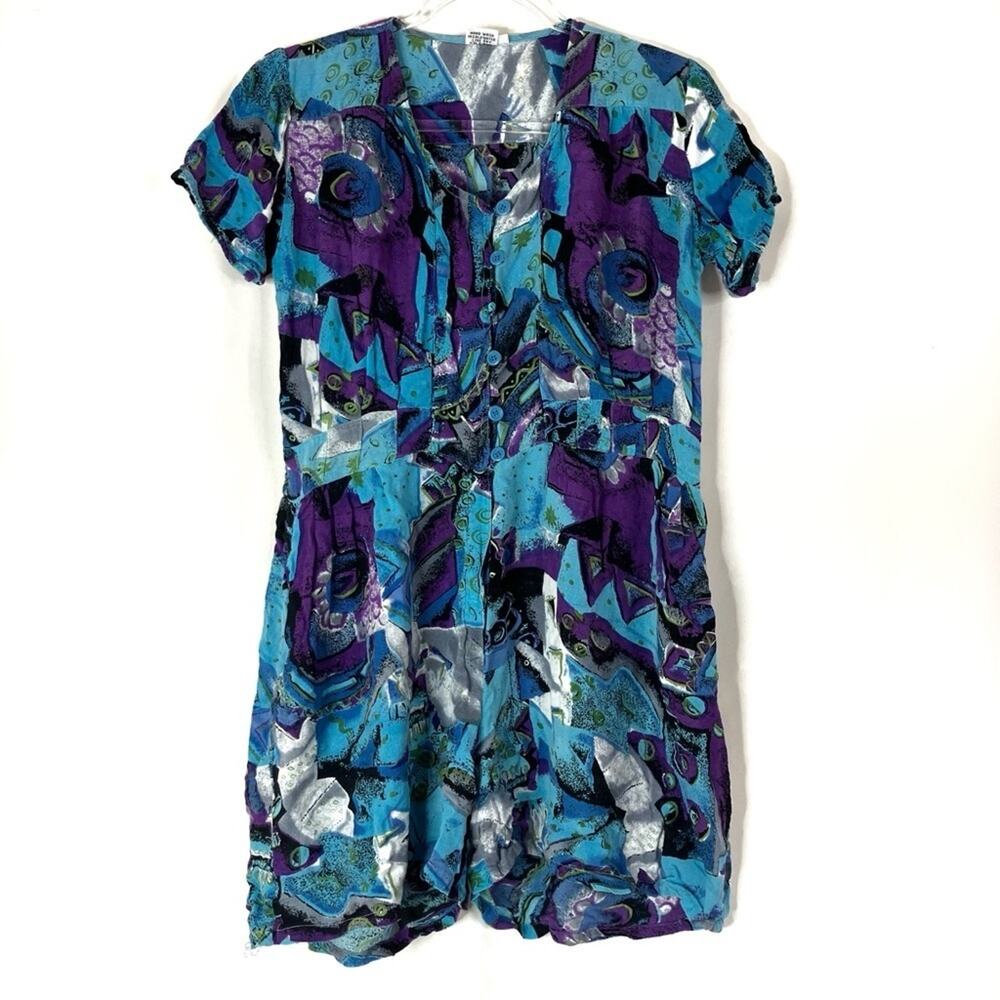 Topolino Vintage Abstract Colorful Blue Purple Romper Buttoned L- FLAW